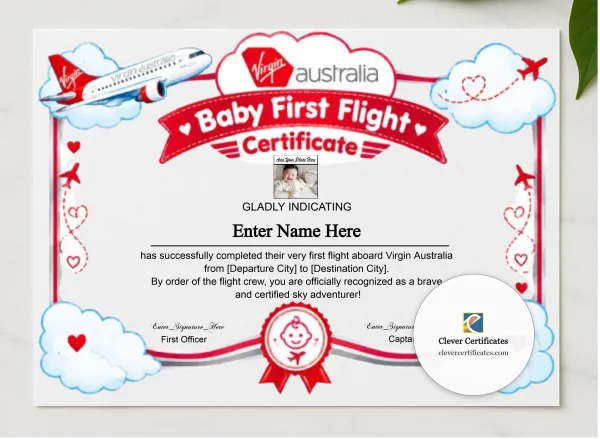 Virgin Australia Baby First Flight Certificate Landscape presented in a sleek wooden frame, elegantly arranged on a stylish table.