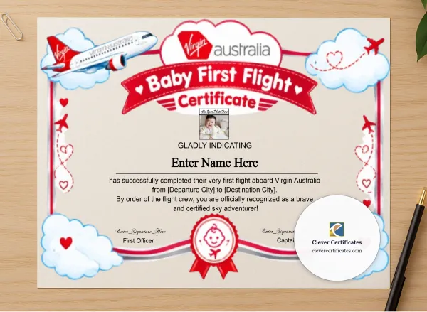 Professional preview of Virgin Australia Baby First Flight Certificate Landscape certificate on high-quality stationery paper, ideal for showcasing the final look.