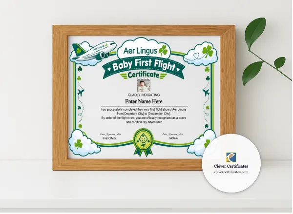 Realistic mockup featuring Aer Lingus Baby First Flight Certificate Landscape displayed within a modern frame, set against a minimalistic background.
