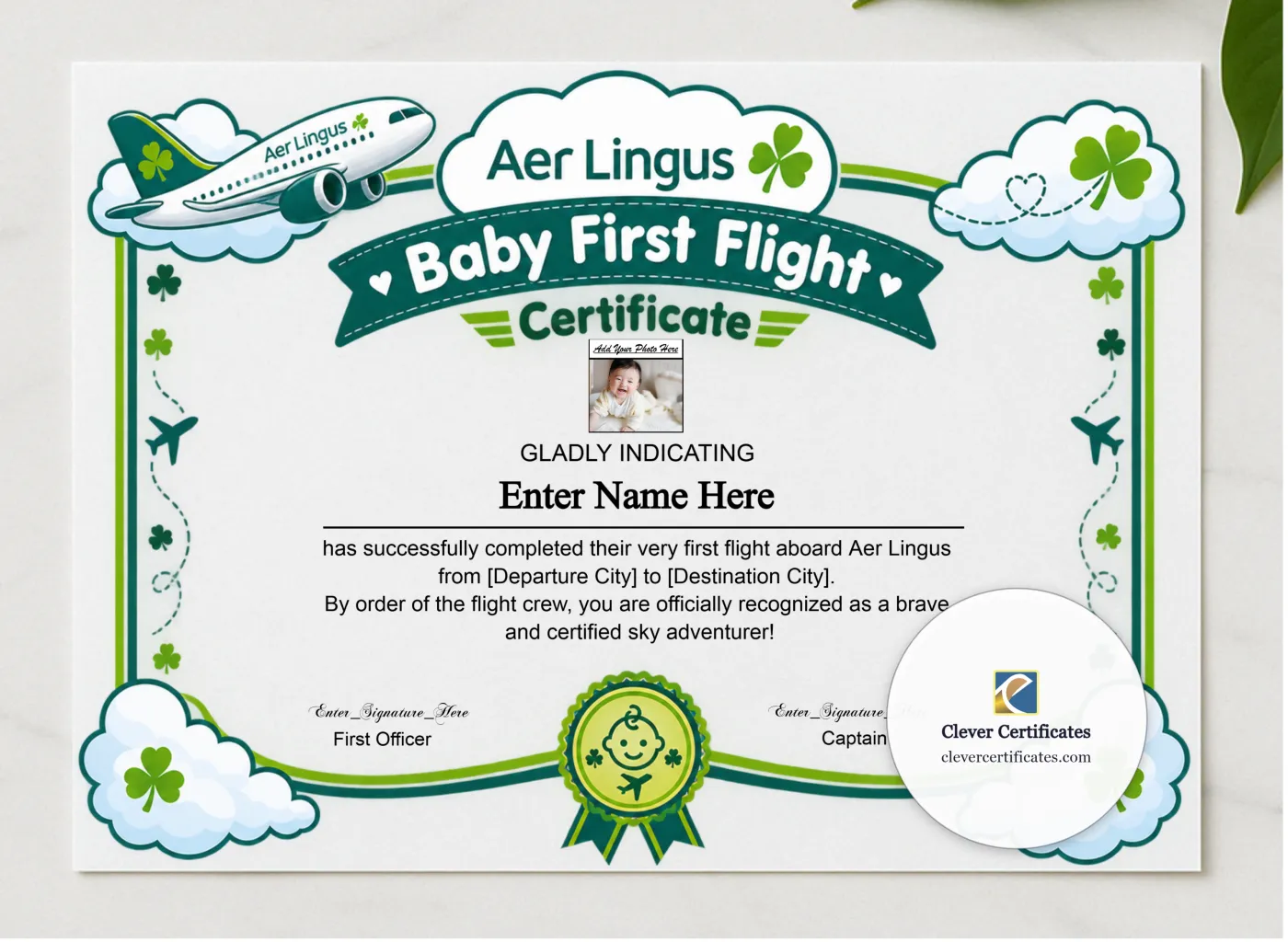 Aer Lingus Baby First Flight Certificate Landscape presented in a sleek wooden frame, elegantly arranged on a stylish table.