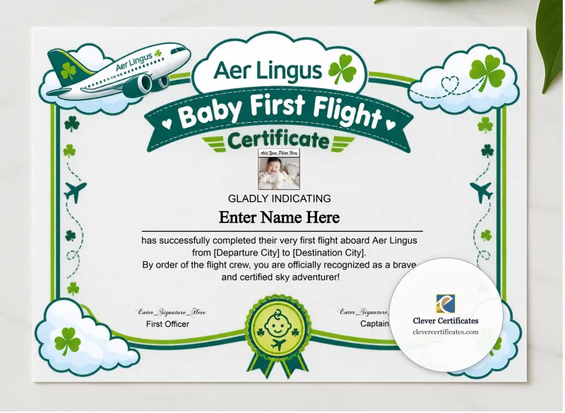 Aer Lingus Baby First Flight Certificate Landscape presented in a sleek wooden frame, elegantly arranged on a stylish table.