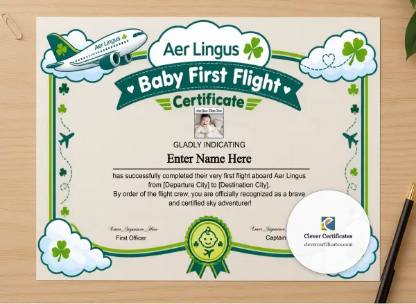 Professional preview of Aer Lingus Baby First Flight Certificate Landscape certificate on high-quality stationery paper, ideal for showcasing the final look.