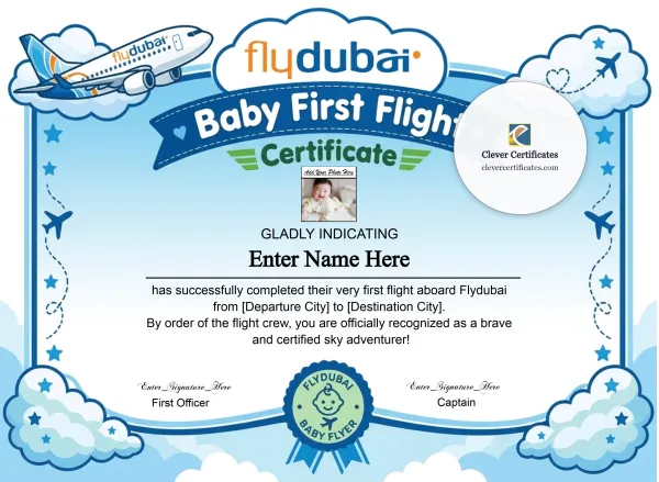 Free Flydubai Baby First Flight Certificate — Landscape