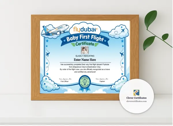 Realistic mockup featuring Flydubai Baby First Flight Certificate Landscape displayed within a modern frame, set against a minimalistic background.