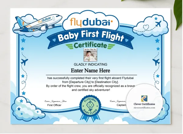 Flydubai Baby First Flight Certificate Landscape presented in a sleek wooden frame, elegantly arranged on a stylish table.