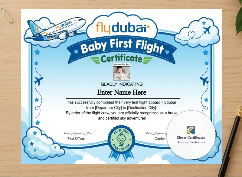 Professional preview of Flydubai Baby First Flight Certificate Landscape certificate on high-quality stationery paper, ideal for showcasing the final look.