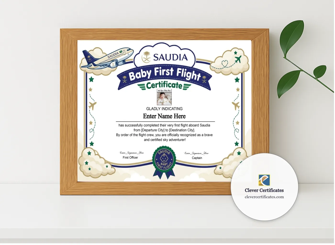Realistic mockup featuring Saudia Baby First Flight Certificate Landscape displayed within a modern frame, set against a minimalistic background.