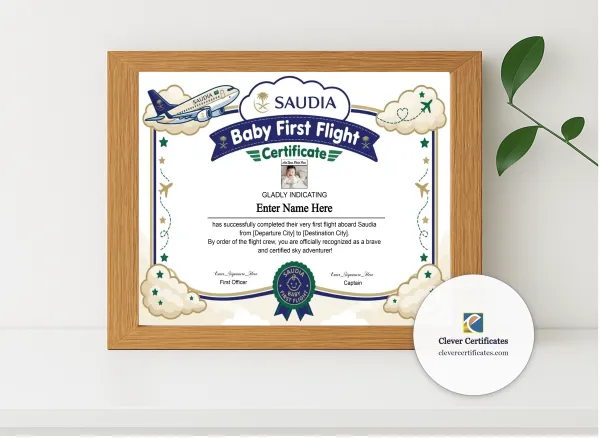 Realistic mockup featuring Saudia Baby First Flight Certificate Landscape displayed within a modern frame, set against a minimalistic background.