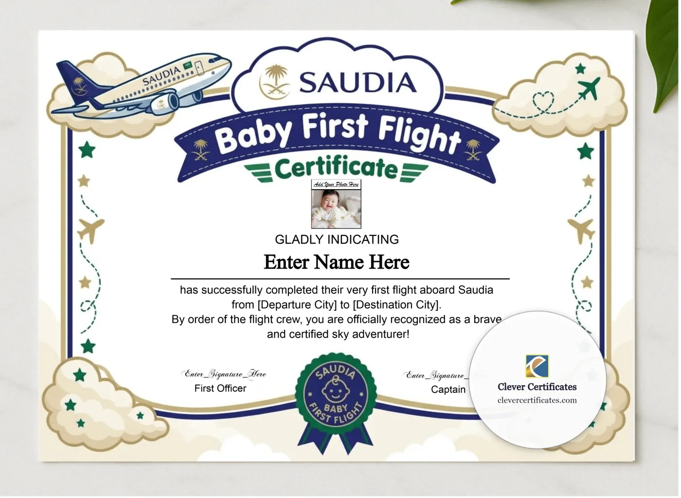 Saudia Baby First Flight Certificate Landscape presented in a sleek wooden frame, elegantly arranged on a stylish table.