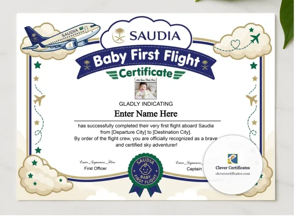 Saudia Baby First Flight Certificate Landscape presented in a sleek wooden frame, elegantly arranged on a stylish table.
