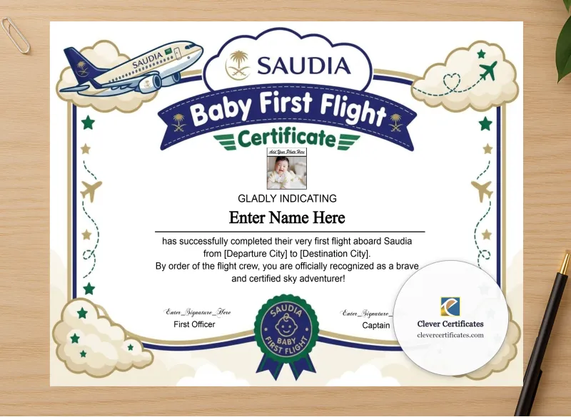 Professional preview of Saudia Baby First Flight Certificate Landscape certificate on high-quality stationery paper, ideal for showcasing the final look.