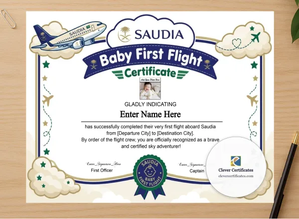 Professional preview of Saudia Baby First Flight Certificate Landscape certificate on high-quality stationery paper, ideal for showcasing the final look.