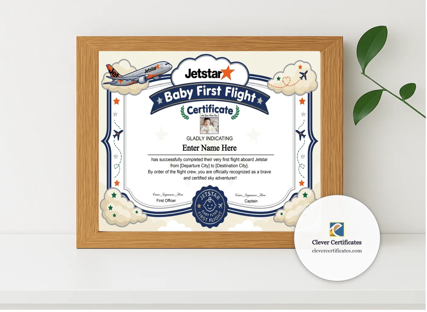 Realistic mockup featuring Jetstar Baby First Flight Certificate Landscape displayed within a modern frame, set against a minimalistic background.