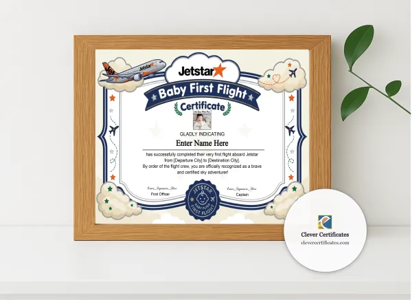 Realistic mockup featuring Jetstar Baby First Flight Certificate Landscape displayed within a modern frame, set against a minimalistic background.