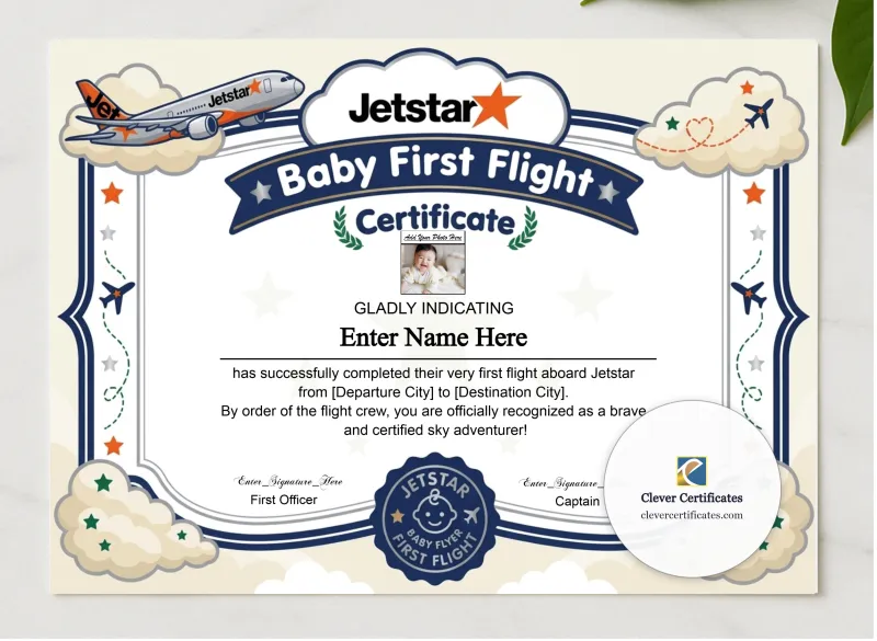 Jetstar Baby First Flight Certificate Landscape presented in a sleek wooden frame, elegantly arranged on a stylish table.