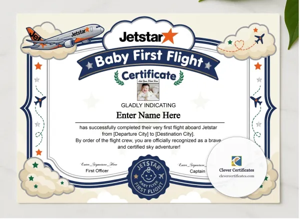 Jetstar Baby First Flight Certificate Landscape presented in a sleek wooden frame, elegantly arranged on a stylish table.