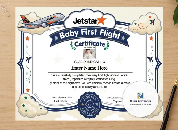 Professional preview of Jetstar Baby First Flight Certificate Landscape certificate on high-quality stationery paper, ideal for showcasing the final look.