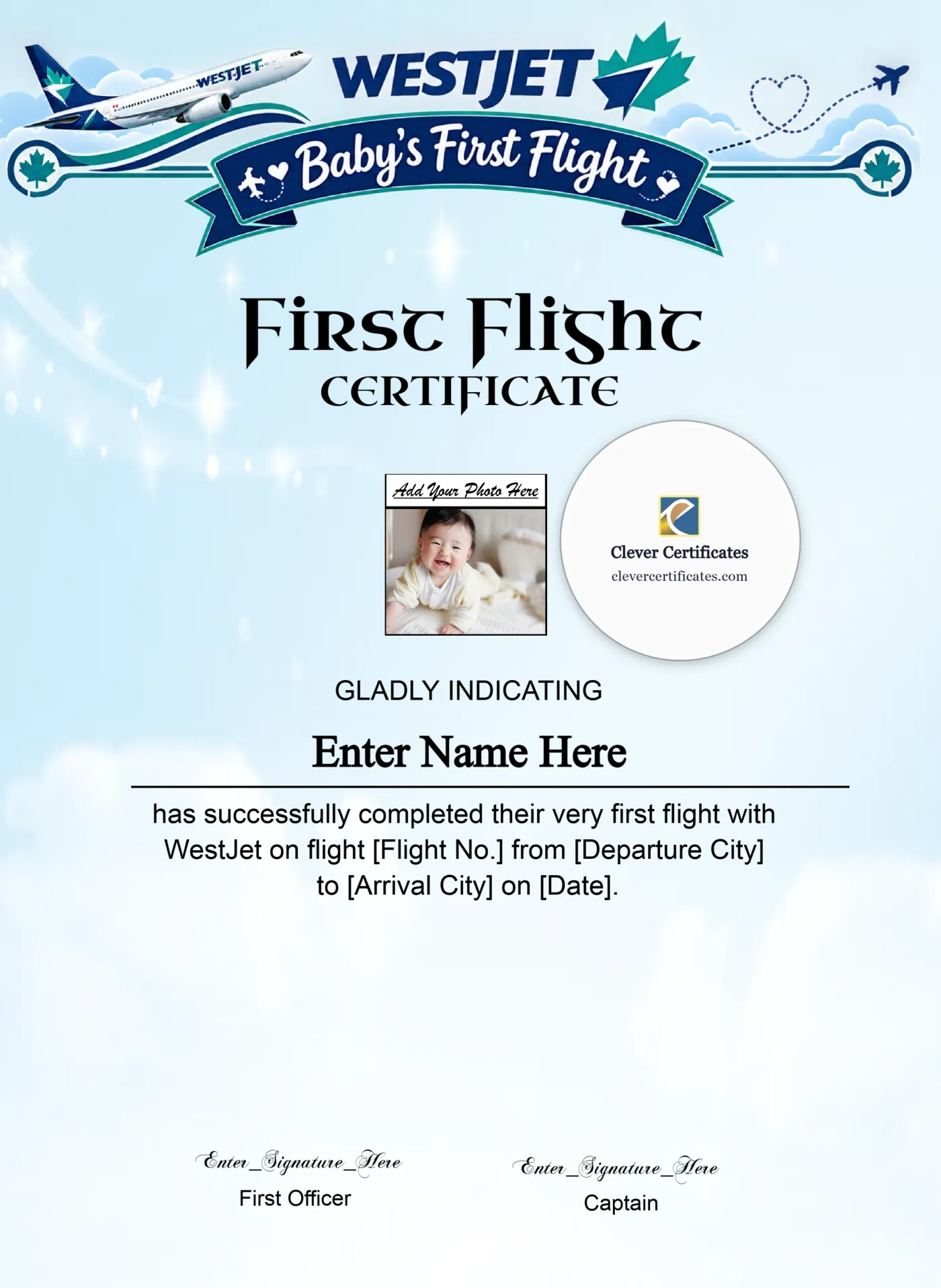 WestJet Baby First Flight Certificate Portrait — Certificate Template Preview