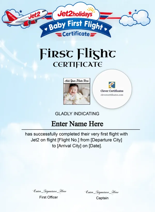 Free Jet2 Baby First Flight Certificate — Portrait