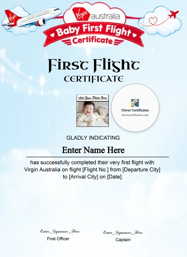 Free Virgin Australia Baby First Flight Certificate — Portrait