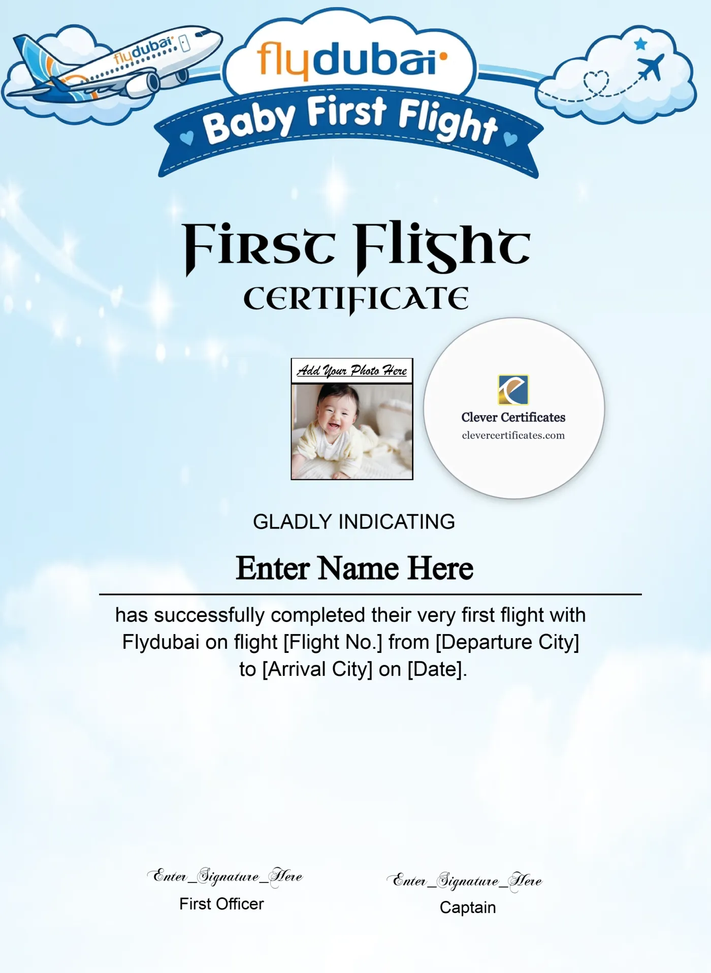 Flydubai Baby First Flight Certificate Portrait — Certificate Template Preview