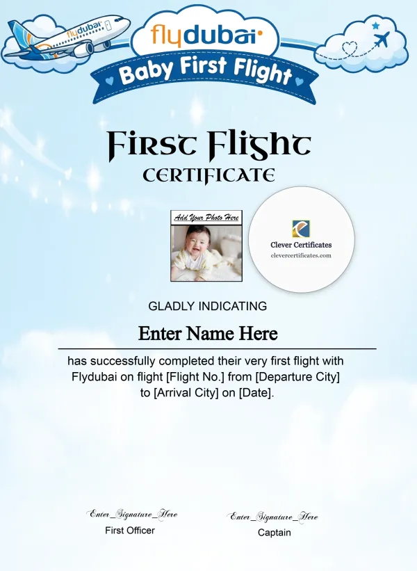 Free Flydubai Baby First Flight Certificate — Portrait
