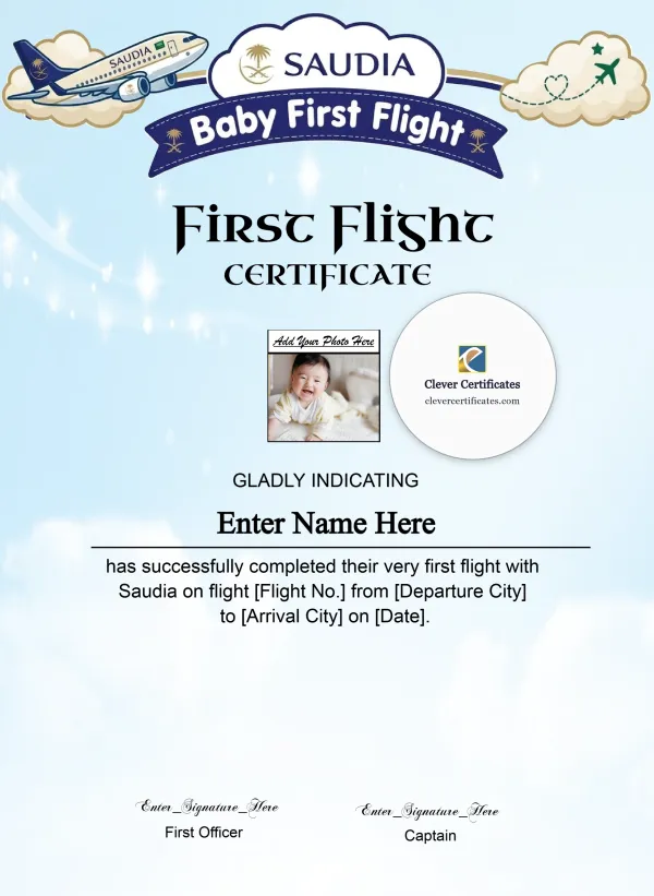 Free Saudia Baby First Flight Certificate — Portrait