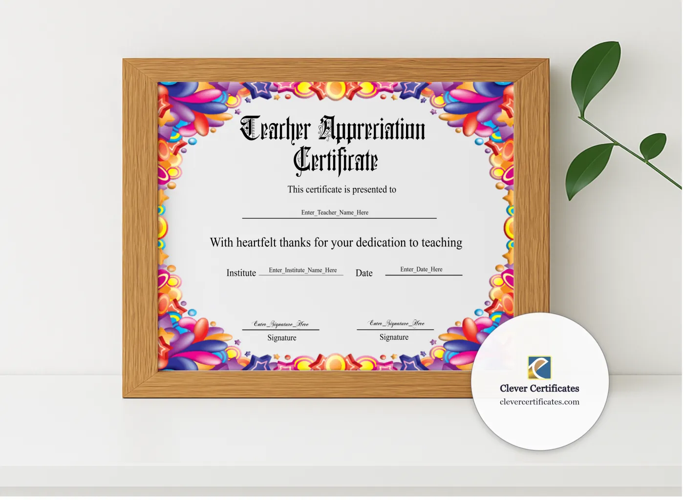 Realistic mockup featuring Elegant Certificate Of Appreciation For Teachers displayed within a modern frame, set against a minimalistic background.