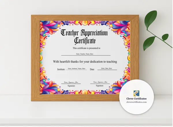Realistic mockup featuring Elegant Certificate Of Appreciation For Teachers displayed within a modern frame, set against a minimalistic background.