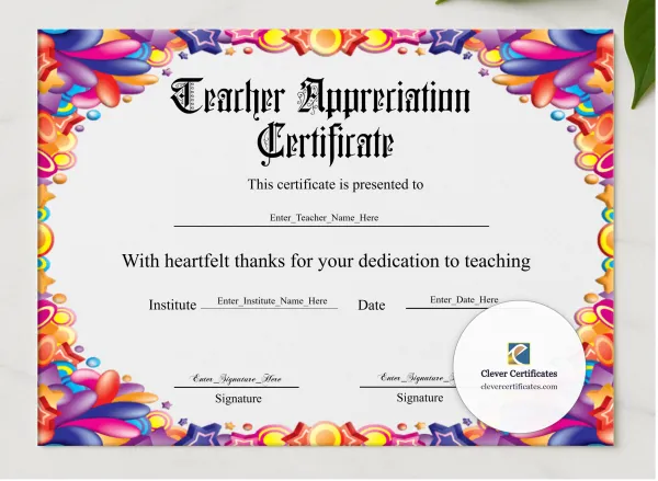 Elegant Certificate Of Appreciation For Teachers presented in a sleek wooden frame, elegantly arranged on a stylish table.