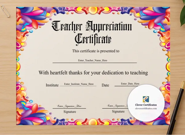 Professional preview of Elegant Certificate Of Appreciation For Teachers certificate on high-quality stationery paper, ideal for showcasing the final look.