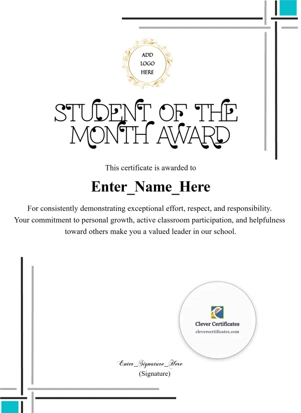 Free Student of the Month Certificate — Portrait