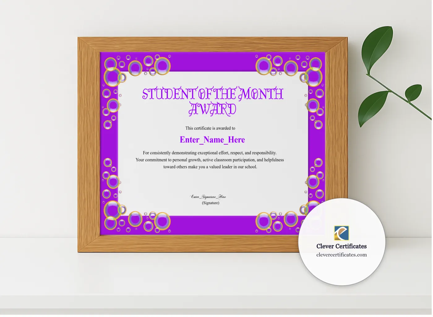 Realistic mockup featuring Elementary Student Of The Month Certificate displayed within a modern frame, set against a minimalistic background.