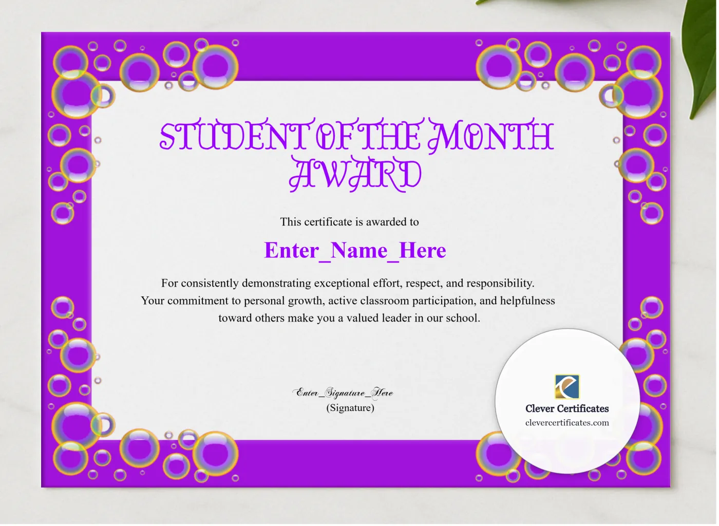 Elementary Student Of The Month Certificate presented in a sleek wooden frame, elegantly arranged on a stylish table.