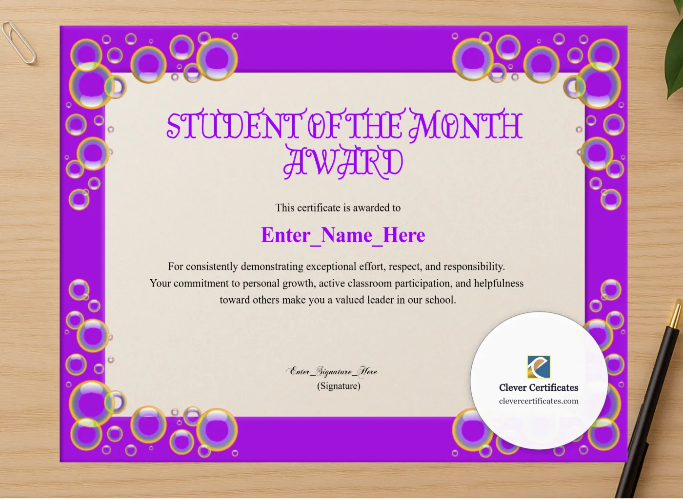 Professional preview of Elementary Student Of The Month Certificate certificate on high-quality stationery paper, ideal for showcasing the final look.