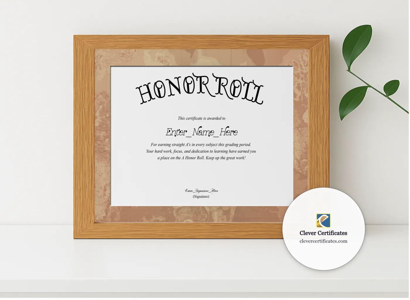 Realistic mockup featuring A Honor Roll Certificate displayed within a modern frame, set against a minimalistic background.