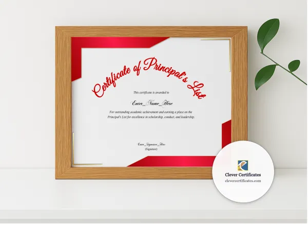 Realistic mockup featuring Principals List Certificate displayed within a modern frame, set against a minimalistic background.