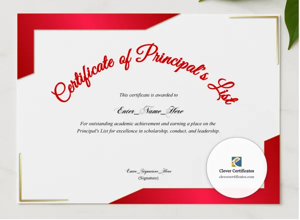 Principals List Certificate presented in a sleek wooden frame, elegantly arranged on a stylish table.