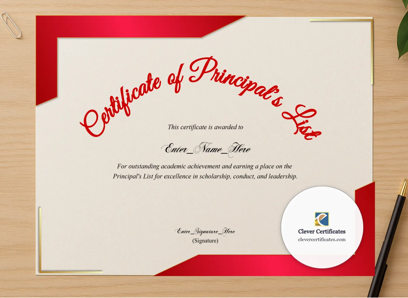 Professional preview of Principals List Certificate certificate on high-quality stationery paper, ideal for showcasing the final look.