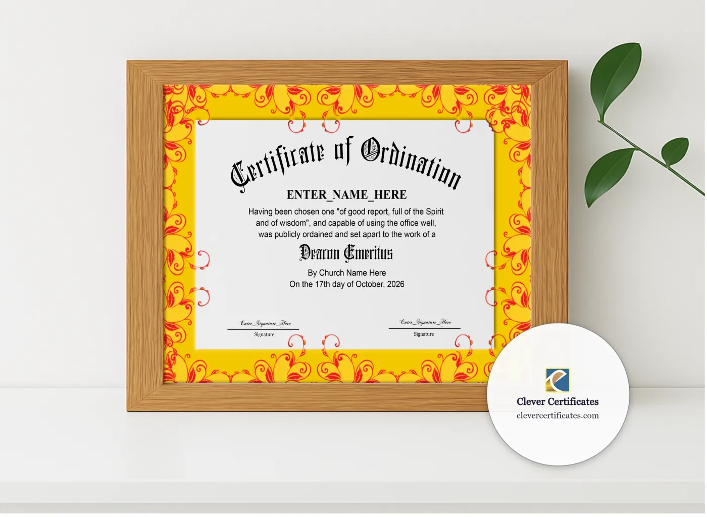 Realistic mockup featuring Deacon Emeritus Certificate displayed within a modern frame, set against a minimalistic background.