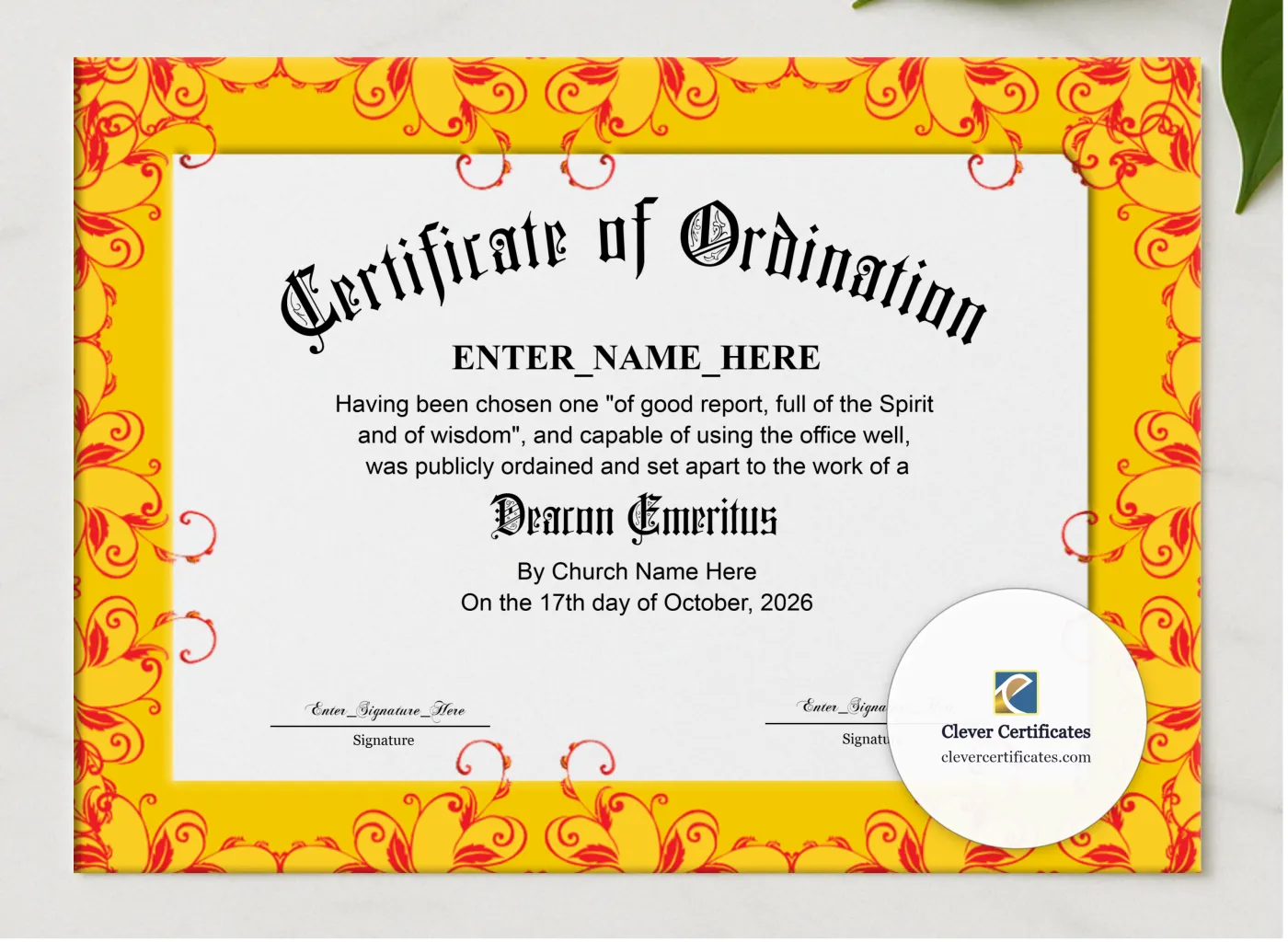 Deacon Emeritus Certificate presented in a sleek wooden frame, elegantly arranged on a stylish table.