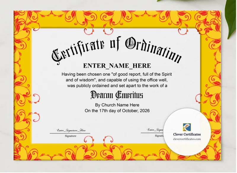 Deacon Emeritus Certificate presented in a sleek wooden frame, elegantly arranged on a stylish table.