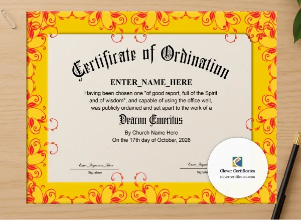 Professional preview of Deacon Emeritus Certificate certificate on high-quality stationery paper, ideal for showcasing the final look.