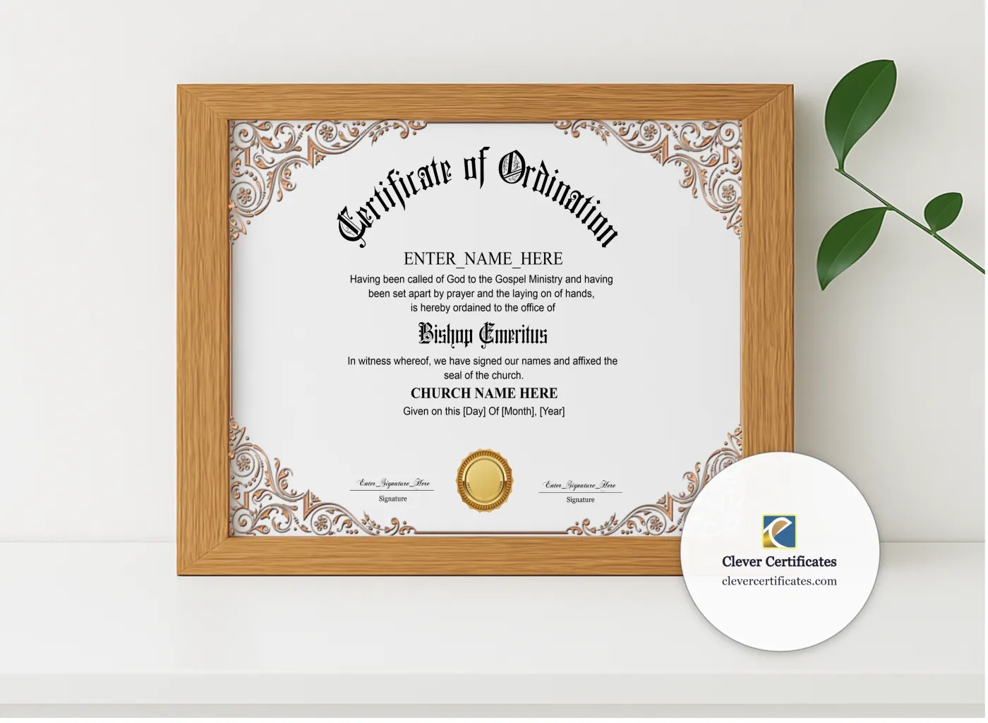 Realistic mockup featuring Bishop Emeritus Certificate displayed within a modern frame, set against a minimalistic background.