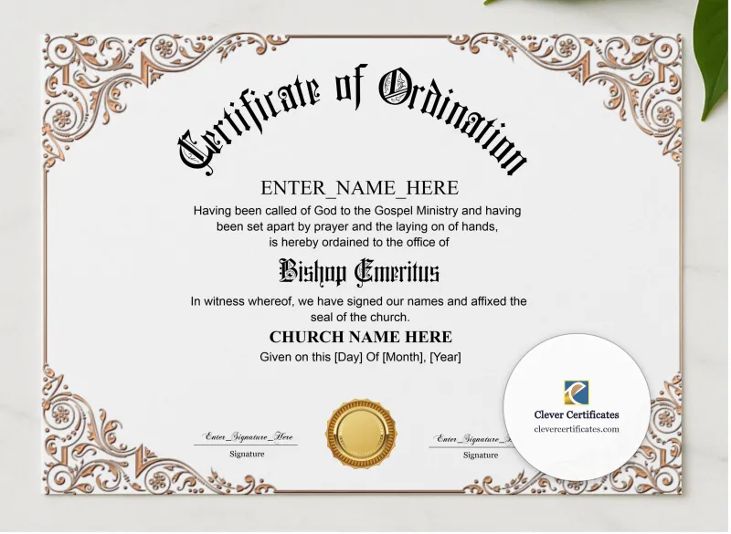 Bishop Emeritus Certificate presented in a sleek wooden frame, elegantly arranged on a stylish table.