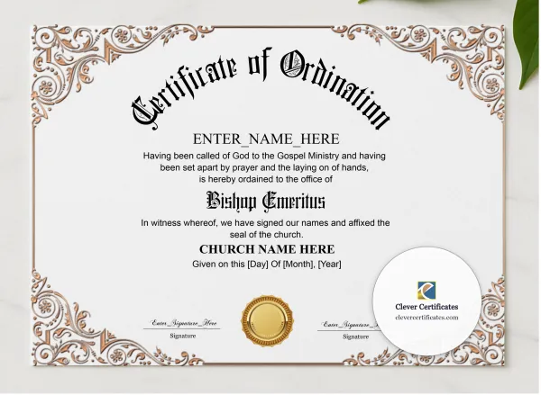Bishop Emeritus Certificate presented in a sleek wooden frame, elegantly arranged on a stylish table.