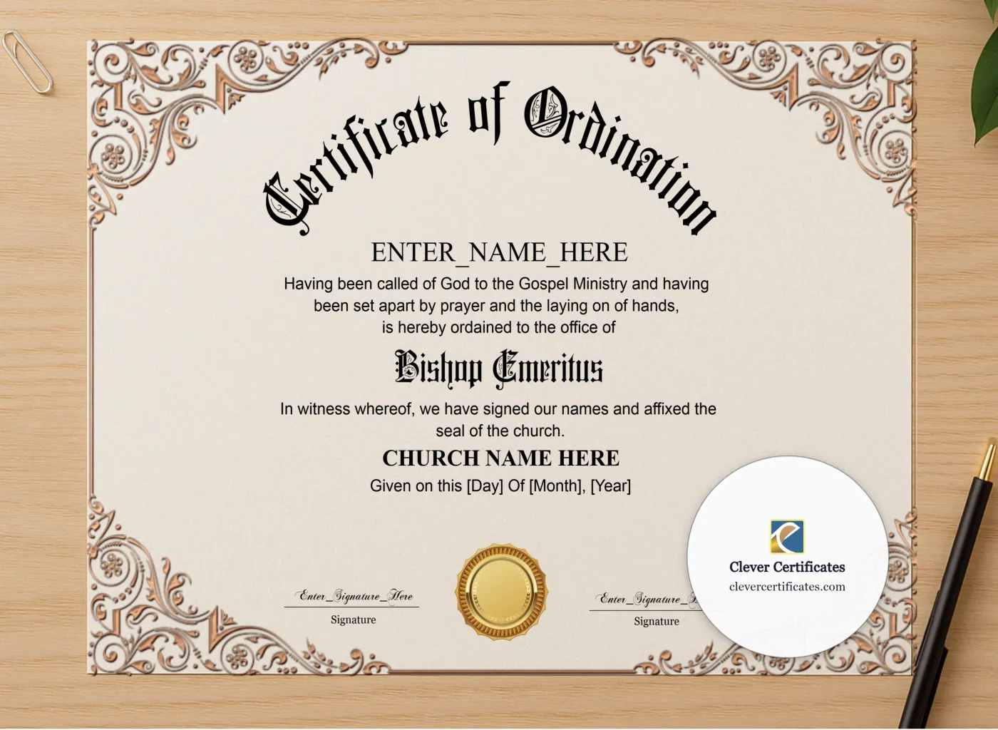 Professional preview of Bishop Emeritus Certificate certificate on high-quality stationery paper, ideal for showcasing the final look.