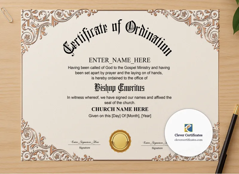 Professional preview of Bishop Emeritus Certificate certificate on high-quality stationery paper, ideal for showcasing the final look.