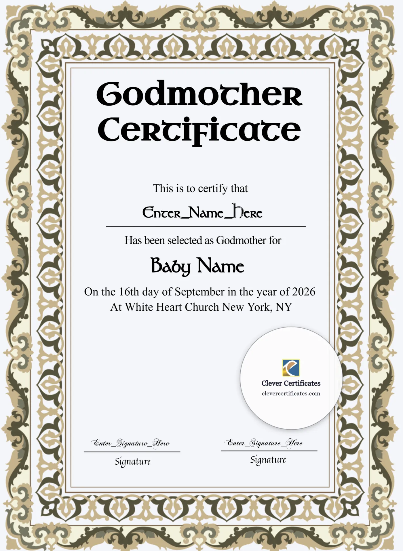 Godmother Certificate Portrait — Certificate Template Preview