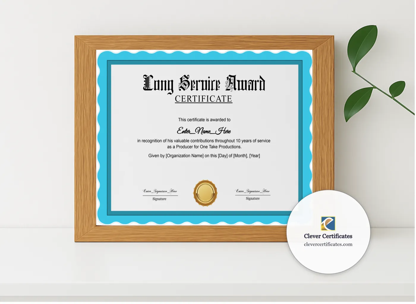 Realistic mockup featuring Long Service Award Certificate displayed within a modern frame, set against a minimalistic background.